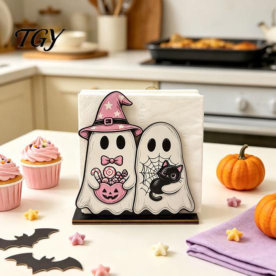 Decorative Wood Towel Rack Halloween Wooden Napkin Holder, Cute Ghost Black Cat Vertical Paper Organizer for Kitchen Stand, Table Tissue Festive Party