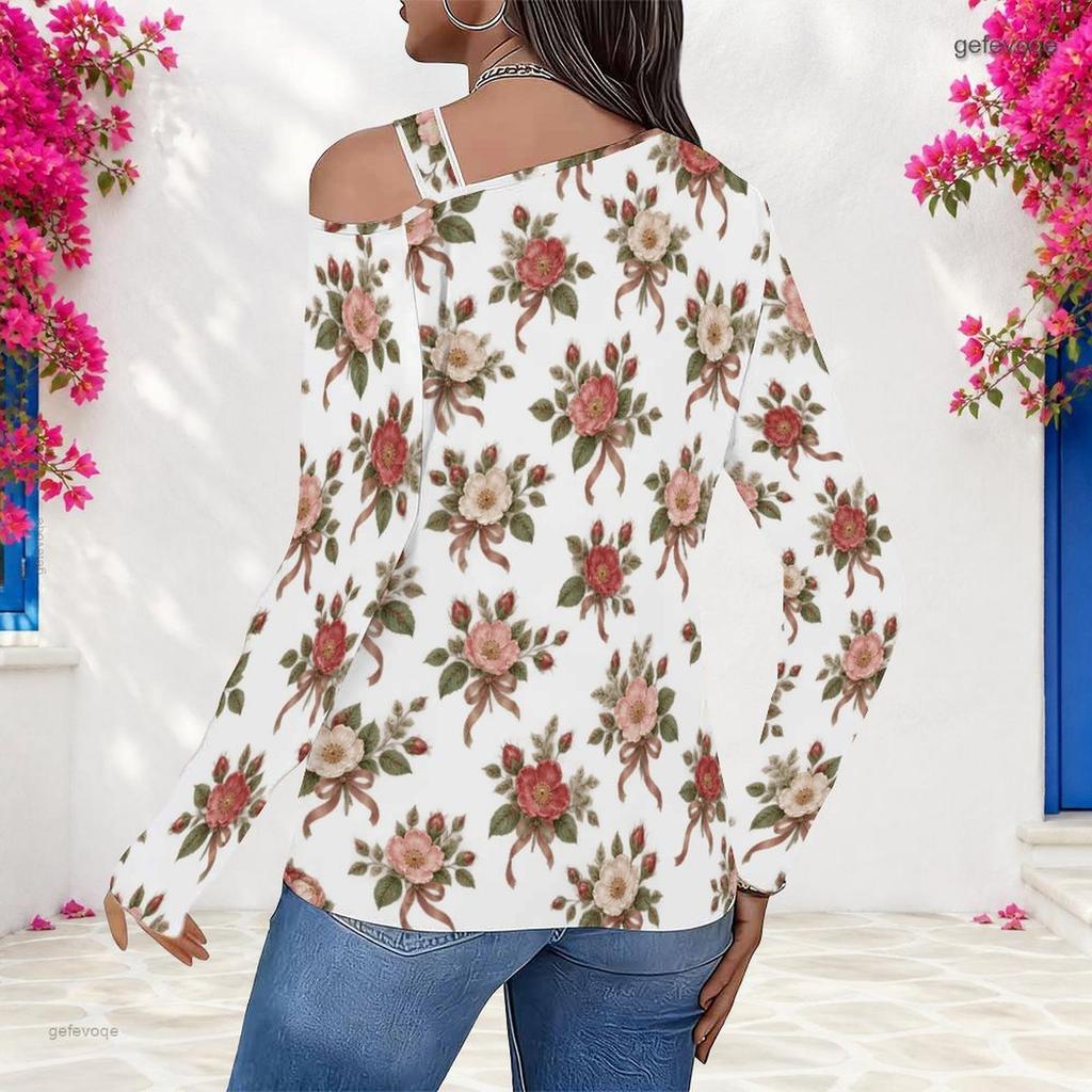 Women Plus Size White Asymmetric Cutout Neck Cold Shoulder Long Sleeve Floral Printed Top