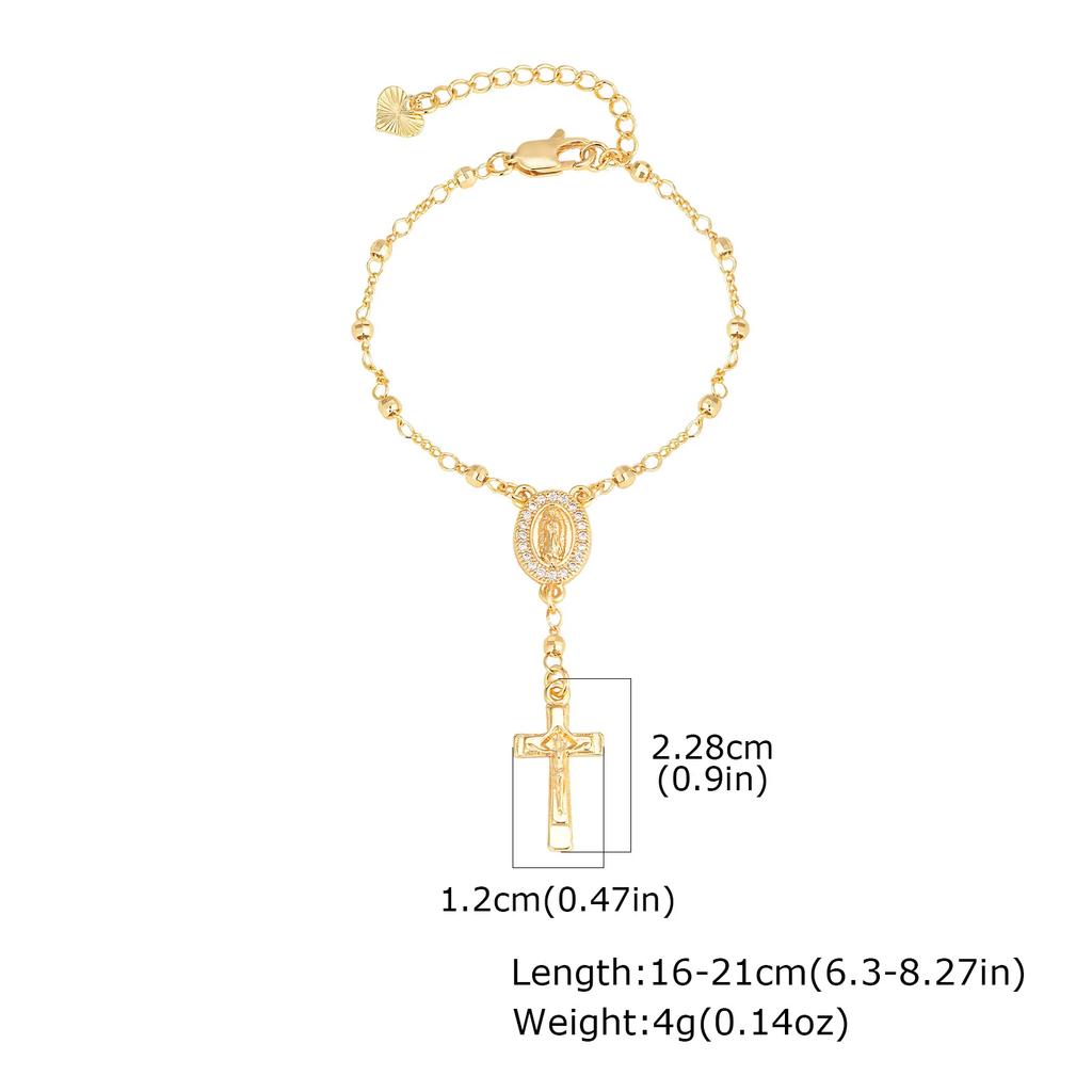 Catholic Cubic Zirconia Rosary Cross Beaded Link Bracelets, Oval Jesus Coss Jewelry, Religion Gold Plated Bracelet