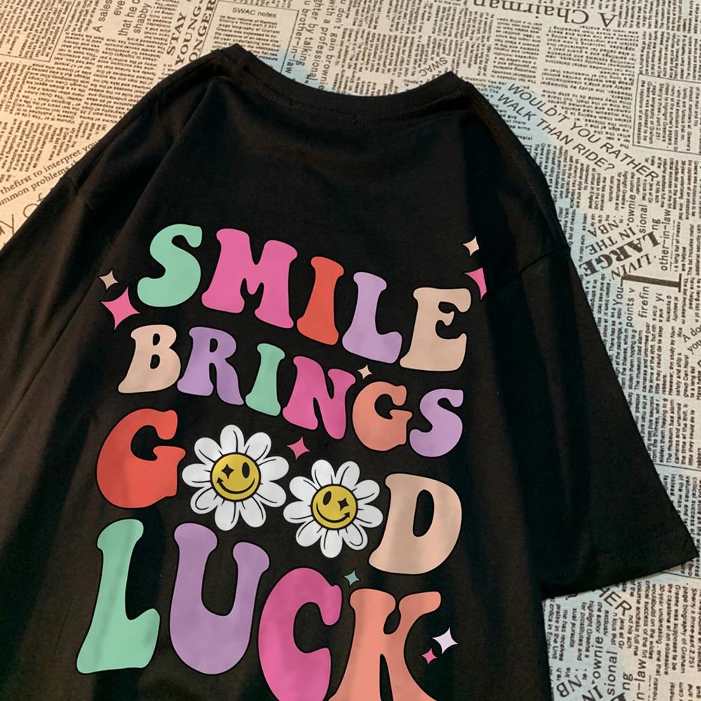 Smile Brings Good Luck Men Women Tshirt Pattern Cotton Tshirts O-Neck Breathable T-Shirt Simplicity Tee Clothes Couple Tops