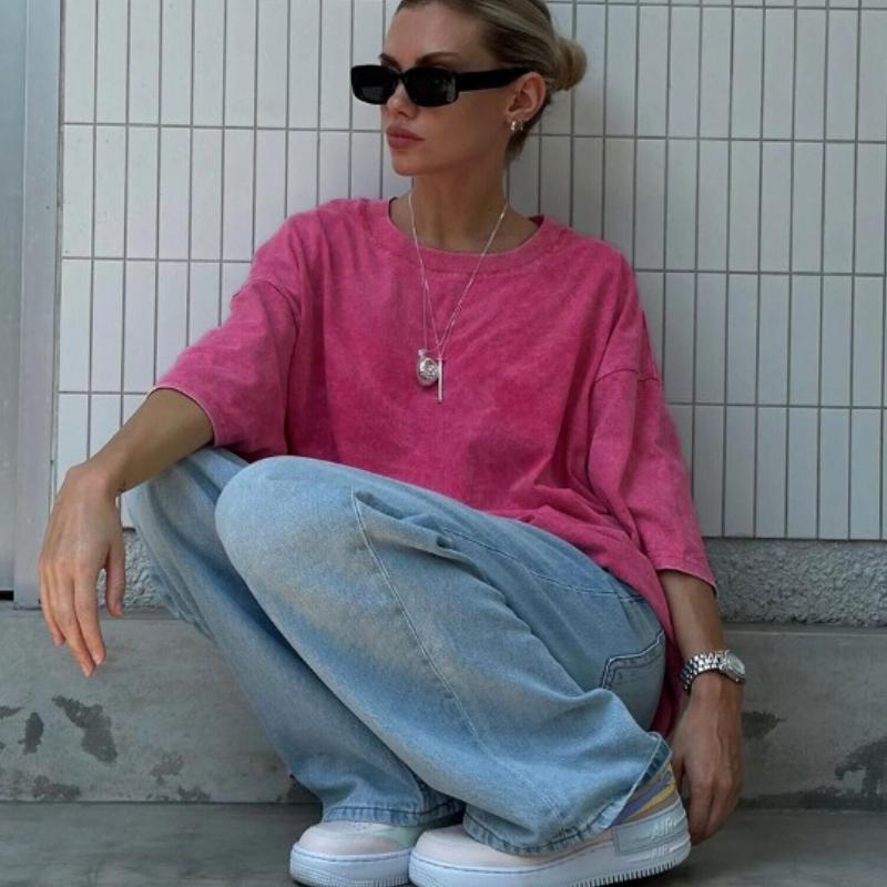 Washed and Worn Short Sleeved T-shirts for Summer Relaxation Round Neck Washed and Brushed Women’s T-shirts