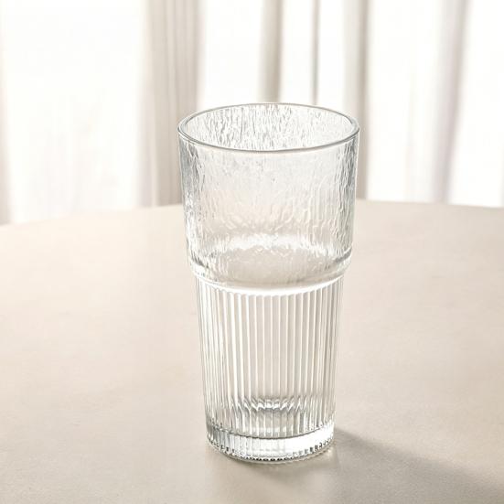 Ribbed Glass Cup with Lid And Straw, 600ml Large Capacity Iced Coffee Tumbler, Reusable Cold Drink Cup for Home Office Travel Use