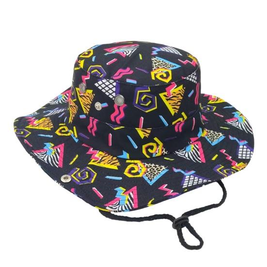 

Bucket Hat Large Brim Colorful Geometric Pattern Fisherman Hat Secure Windproof Rope Portable Foldable Sun Protection Hat A