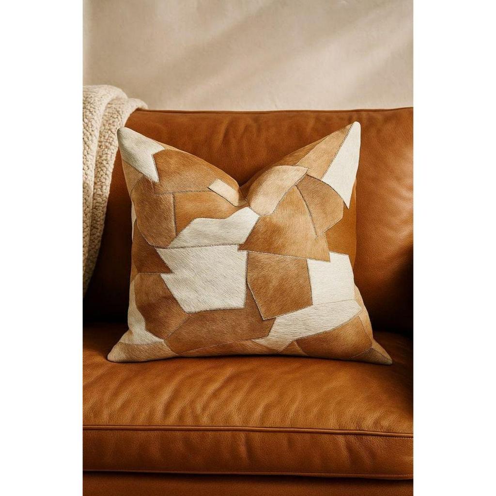 Patchwork Rindsleder Kissenbezug: Rustikales Tan Creme Akzent Geschenk für Sie Ihn Geburtstag Jahrestag