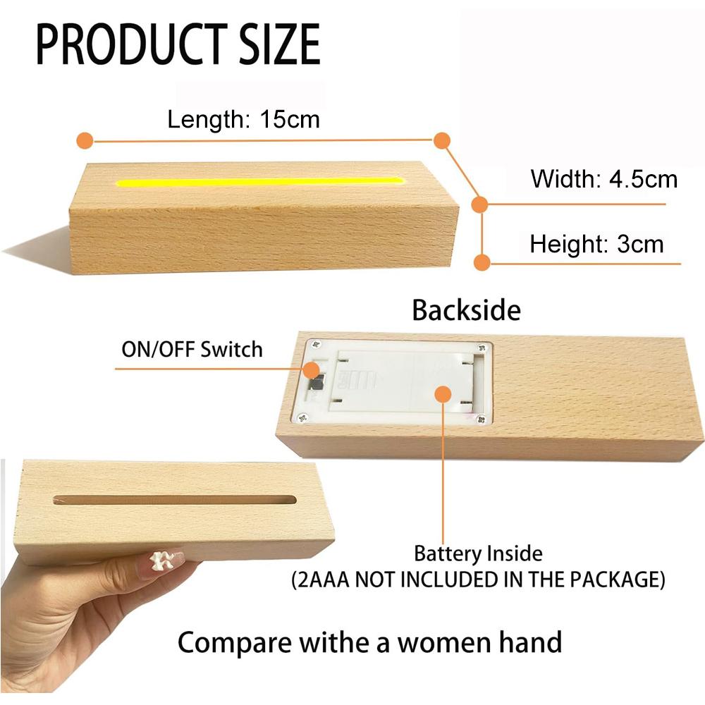 5.9 Inch Wood Base Led Light Display Stand AAA Battery Powered for Custom Acrylic Night Lamp Resin Glass Art DIY