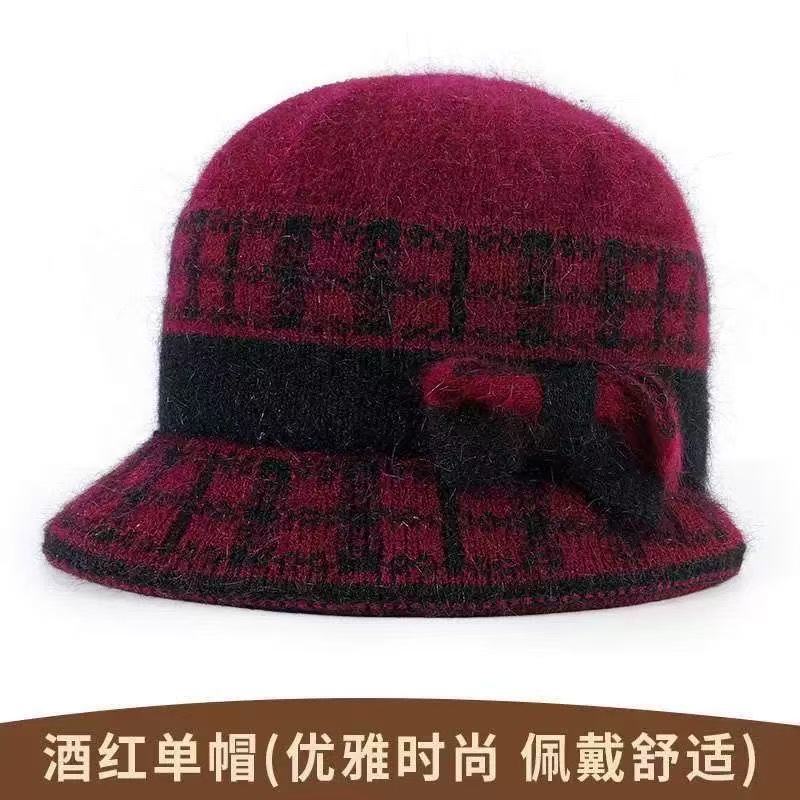 Middle-aged winter velvet thickened mother hat bow basin hat outdoor play rabbit fur warm knitted wool hat