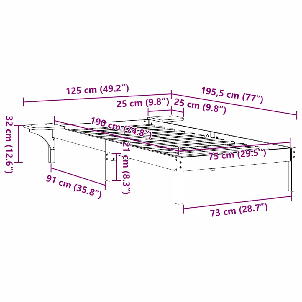 Bed Frame White 75 x 190 cm Solid Pine Wood