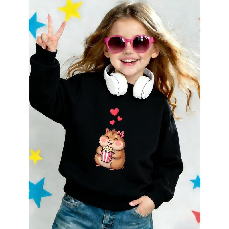 Cute Cartoon Mouse Print Pattern 0-3 Years Girls' Comfortable Spring Lightweight Crew Neck Sweatshirt, Adorable Design Suitable for Outdoor Wear