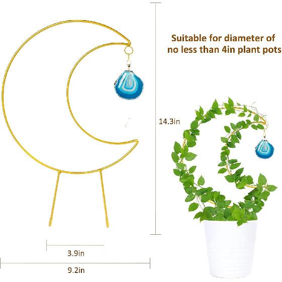 2PCS Small Crescent Moon Plant Trellis, Metal Mini Hoya Support for Indoor Potted Houseplants, Climber with Healing Agate for Hoya Vine Pothos Ivy