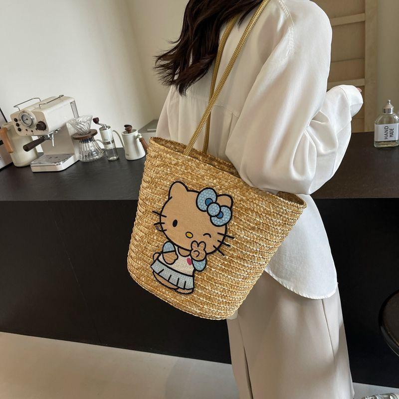 

New Anime Summer Kitty Hand-woven Vegetable Basket Outing Handbag Storage Straw Bag Versatile Tote Bag Commuter Shoulder Bag