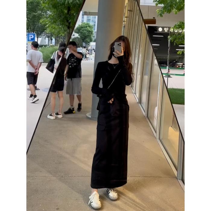 Autumn Wear Suit Simple Bottomed Cotton Top Temperament High Waist and Thin Tooling Skirt