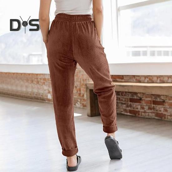 Women Corduroy Pants High Waist Baggy Drawstring Elastic Waist Casual Trousers Loose Fit Straight Leg Pockets Work Pants