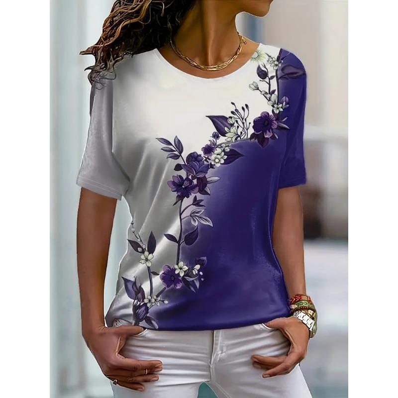 Ladies PLUS Size 3D Flower Contrasting Printed Short Sleeved T-shirt, Loose and Casual, Soft,Comfortable and Breathable,outdoor