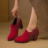 Red Women's Pointed Toe Leather Boots Chunky Heel Office Ladies Shoes Elegant Plus Size Mid Heel Ankle Booties Autumn Winter