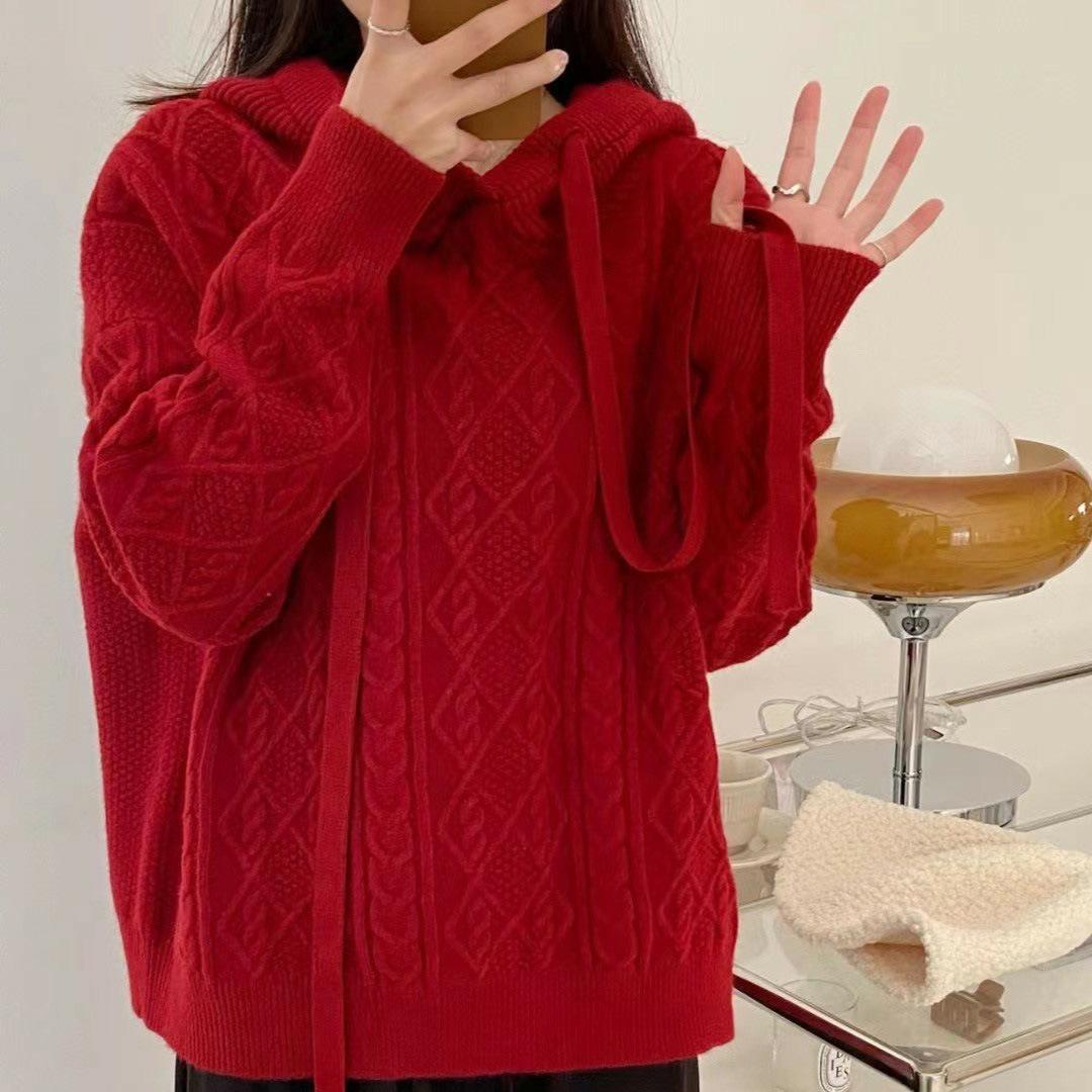 

Вязаные свитера с капюшоном для женщин, классический однотонный вязаный пуловер, оверсайз, осень-зима, повседневная трикотажная толстовка One Size