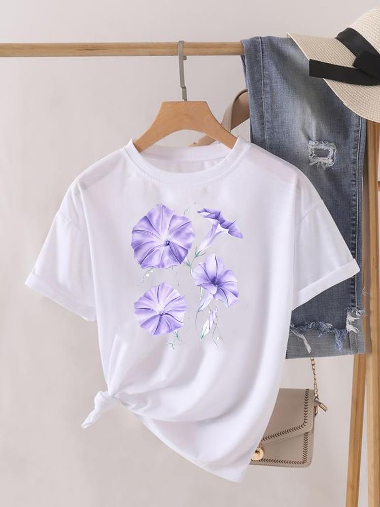Kwiatek Słodki Trend lat 90. Uroczy Krótki Rękaw Nadruk Moda Graficzny T-shirt Kobiety Top Pani Damska Koszulka Tee Okrągły Dekolt Odzież Ubrania