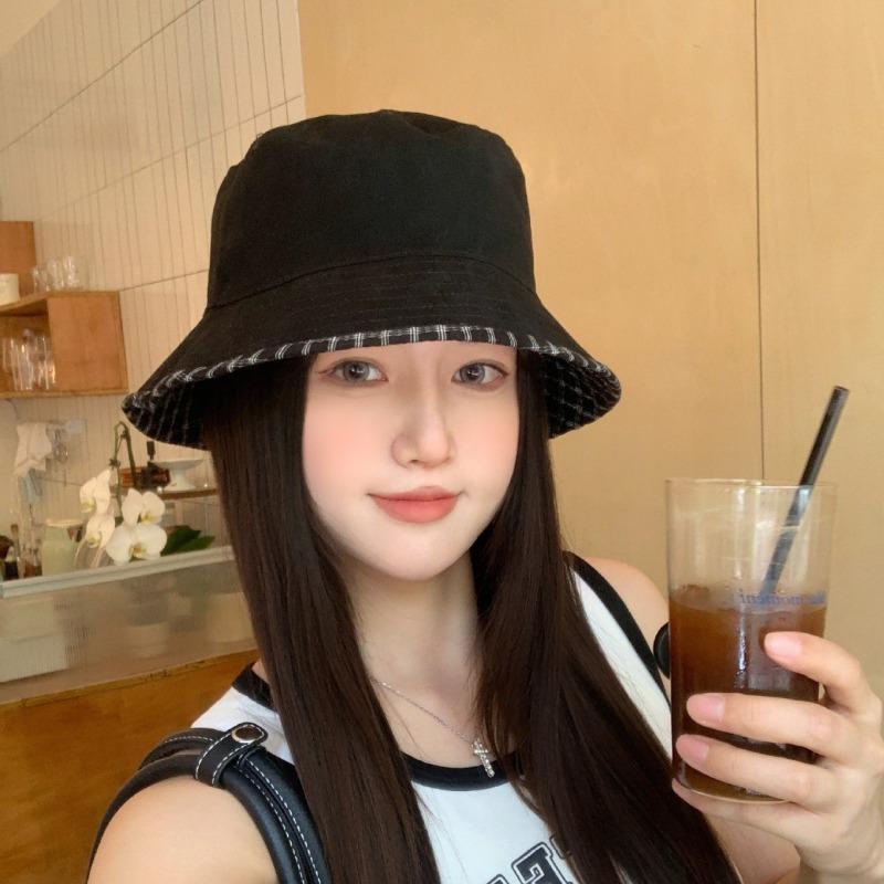 Bucket Hat Women's High Sense Department Summer New Double-sided Wear Shading Sunscreen Plaid Casual Retro Fashion