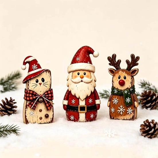 Poplar Plywood Holiday Gifts Christmas Wooden Tabletop Figurine, Hand Painted Santa Reindeer Cat Decor, Rustic Farmhouse Style Wood Ornaments Statues