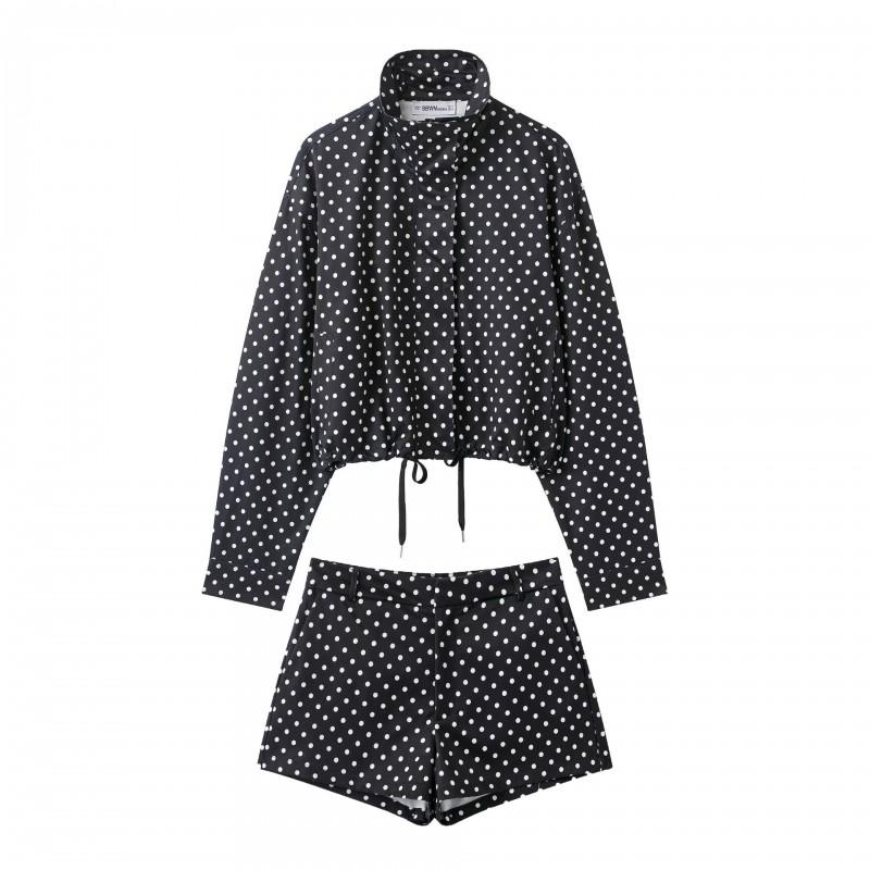 Womens Stand Collar Long Sleeve Colorblock Polka Dot Drawstring Jacket Short Outerwear