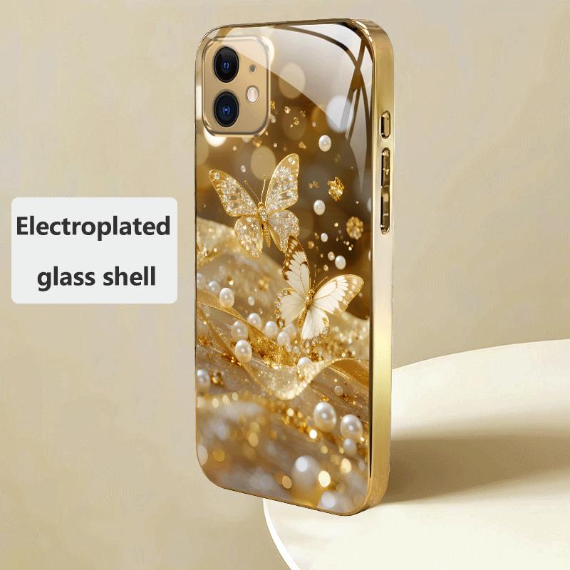 Luxury Golden Rhinestone‑Butterfly Pearl Electroplated Phone Case for iPhone 17 16 15 14 13 12 11 Pro Max XS XR 7 8 Plus 16E