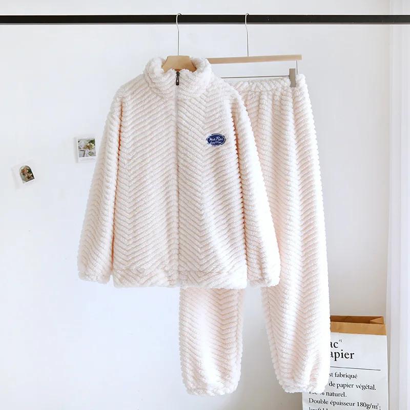 New Autumn/Winter Couple Sleepwear Set with Fleece and Thickened Zipper Long Sleeve Pants for Soft and Comfortable Home Fur