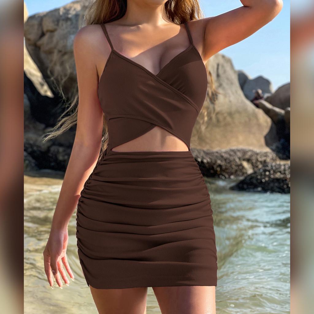 Gestreiftes Spandex-Ärmelloses Kleid mit Kreuzrücken für Damen im Streetwear-Stil