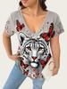 2025 Plus Size Women's V-Neck T-shirt with 3D Animal Print, Short Sleeves: European & American Style Casual Fashion
