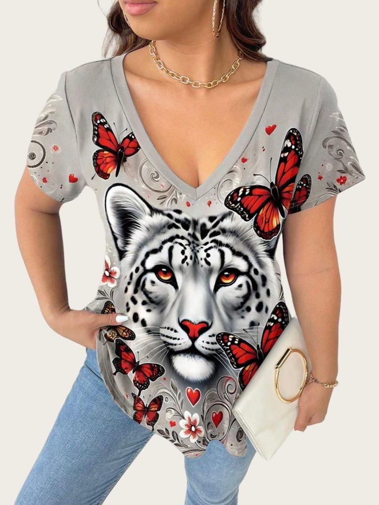 2025 Plus Size Women's V-Neck T-shirt with 3D Animal Print, Short Sleeves: European & American Style Casual Fashion