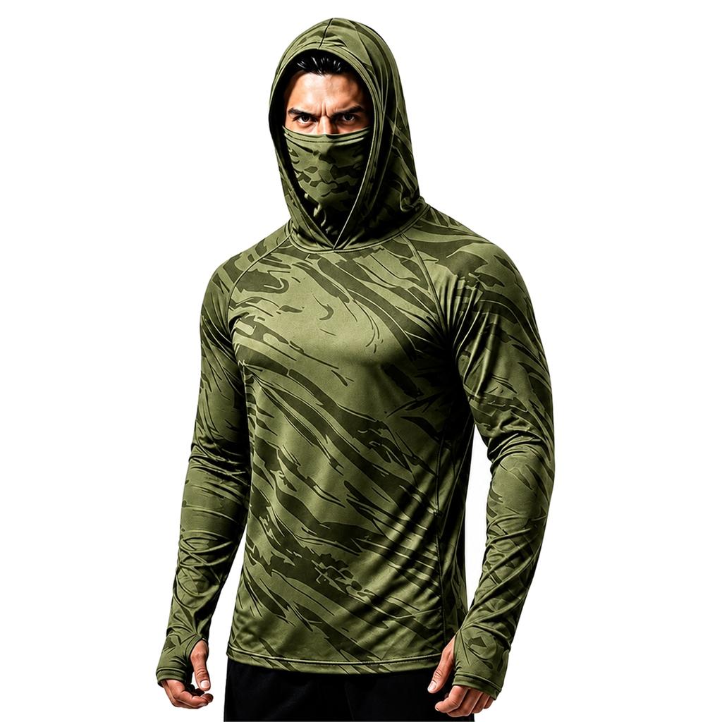 Men's Sports Fishing Hoodie with Built-in Face Long Sleeve Printed Stretch Running Training Shirt