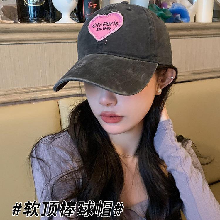 Retro Washed Cotton Letter Embroidered Cap Women Baseball Cap Casual Sun Protection Hat Hip Hop Dad Hat Y2K Pink Love Heart Caps