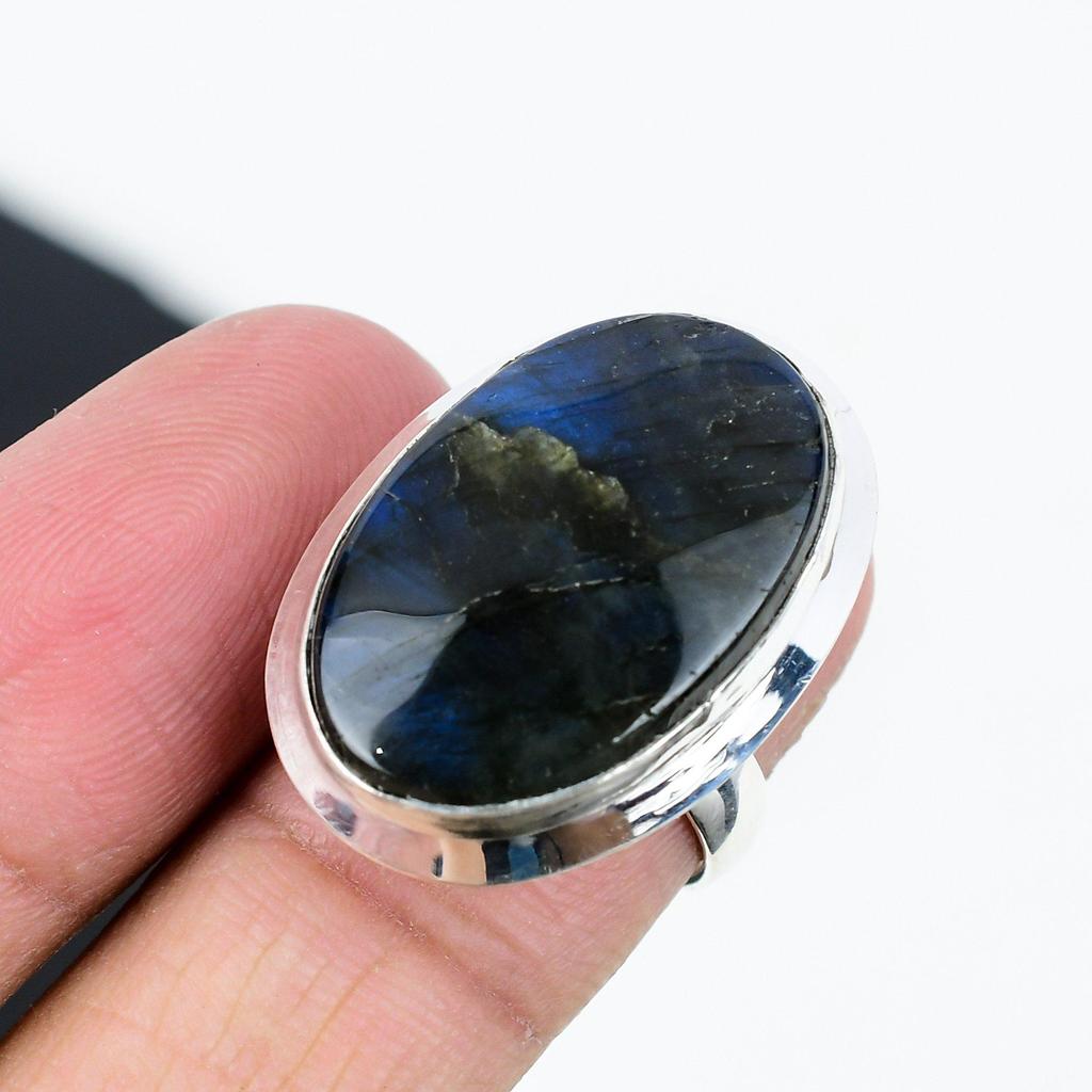 Natural Labradorite Adjustable 925 Sterling Silver Ring - Fits US Sizes 6 To 11 - Handmade Boho Jewelry for Women & Men, Gift For Mom