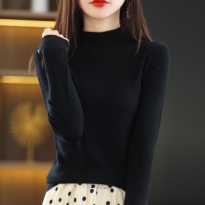 

Женский пуловер из мериносовой шерсти с полувысоким воротником - Однотонный, Свободный крой, Повседневный базовый слой XL чёрный