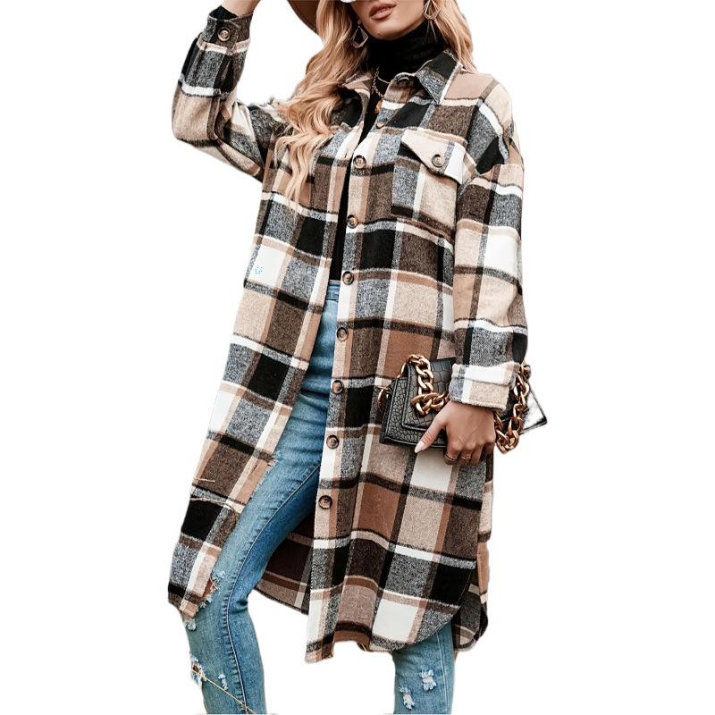 Women's Mid-Length Plaid Long Sleeve Loose Woolen Coat for Autumn/Winter, Plus Size