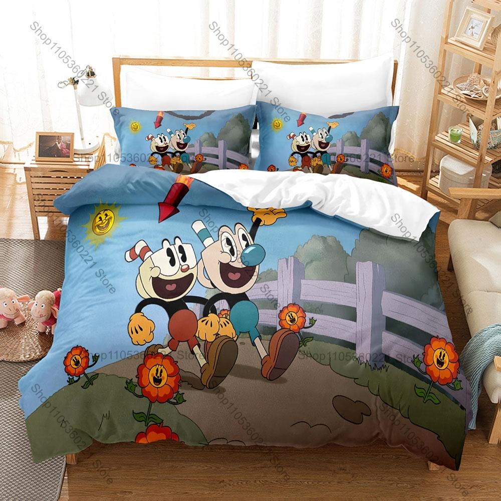 Cool Cuphead and Mugman Bedding Set Includes Duvet Cover + 2 Pillowcases 1930s Retro Rubber Hose Run And Gun Game Bedroom For Ga