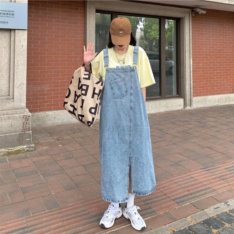 Vintage Denim Suspender Skirt With Knitted Fabric For Casual And Travel Wear