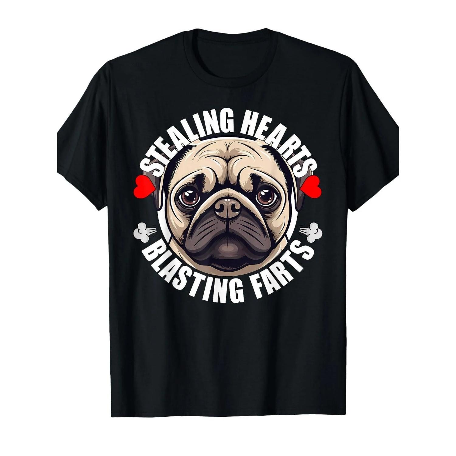 

Funny Pug Stealing Hearts Blasting Farts Graphic Tee Casual Short Sleeve T-shirt XXXXXL чорний