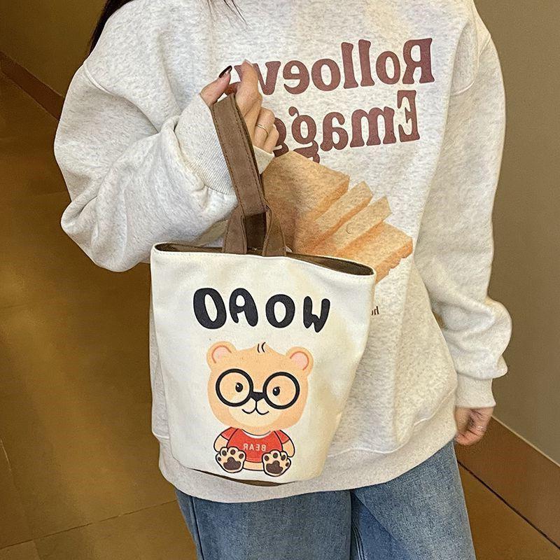 2025 Portable Bucket Bag Hand-Carrying Out Ins Canvas Bag Cute Girl Mobile Phone Female Bag