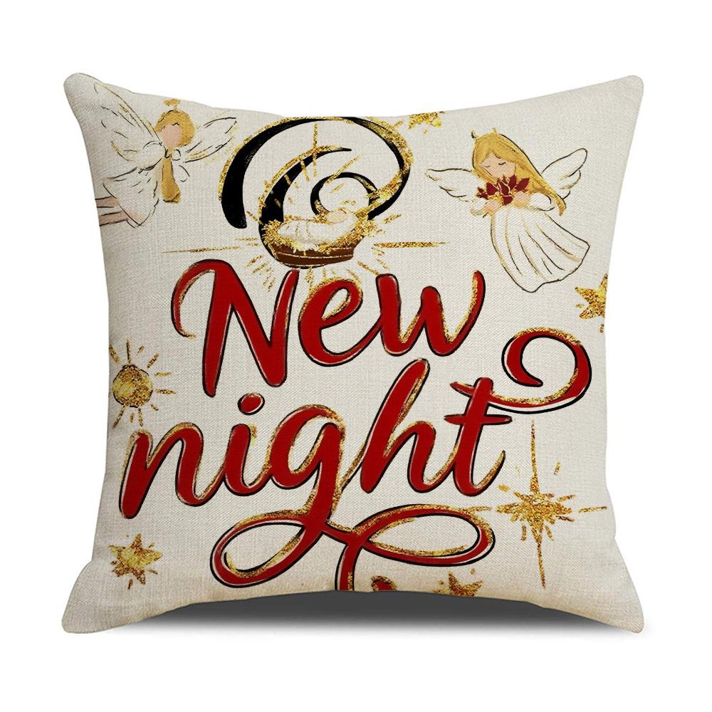 Christmas Element Linen Pillowcase Cute Angel Print Warm Atmosphere Decorative Cushion Cover