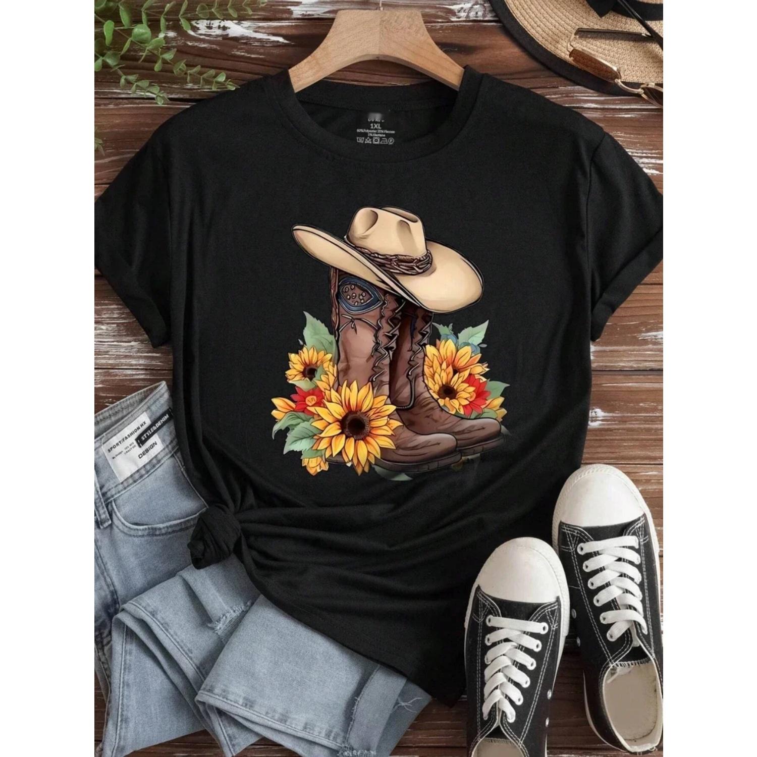 

Women s T-shirts, denim riding boots and sunflower printed T-shirts, summer comfortable loose top, street women s clothing S чёрный