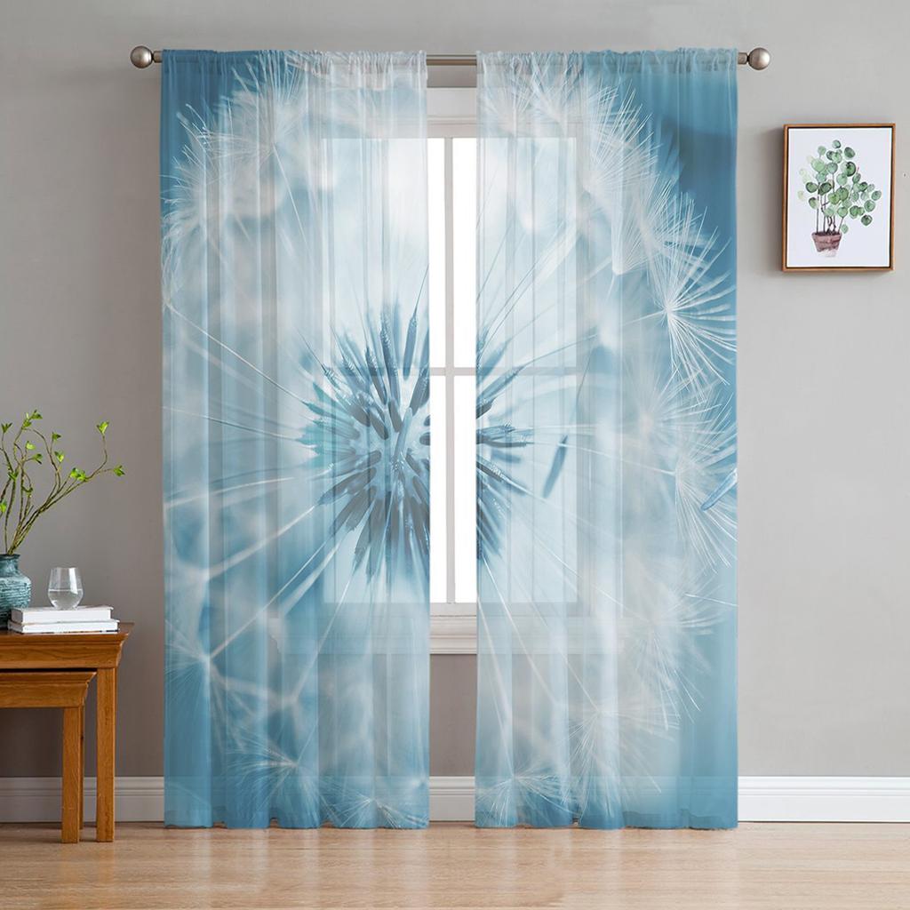 Grey Dandelion Flowers Plants Sheer Curtain for Living Room Bedroom Voile Drape Kitchen Window Tulle Curtains Home Essentials