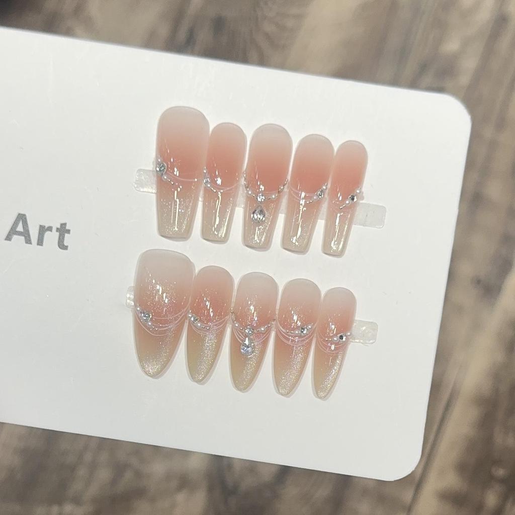 Dorisun 'Moonlight' Handmade Wearable Nude Blush Cat Eye Nail Art with Water Drop Zircon Diamond Accents