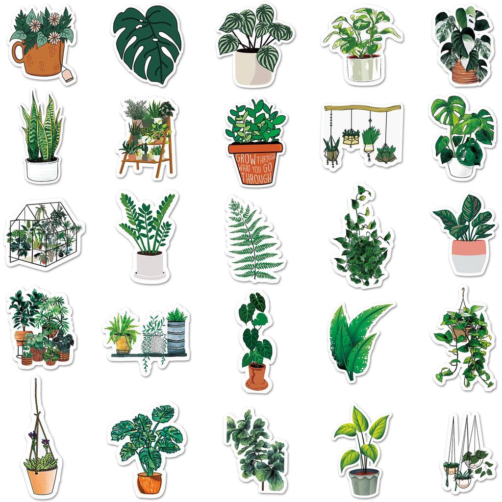 50 Sheets Cartoon Style Green Plants Decorative Stickers for Suitcases, Skateboards, and Cars