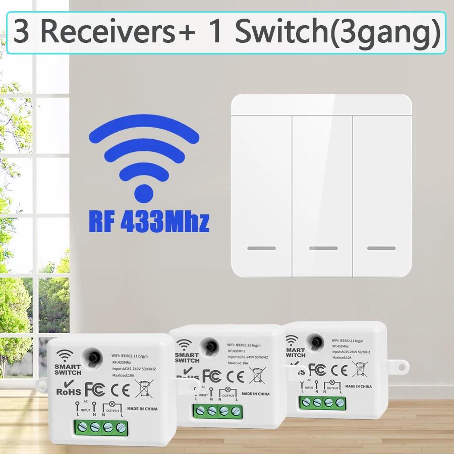 Wireless Smart Light Switch with 1/2/3 Gang RF 433MHz Remote Control Relay Receiver for Led Lamp AC 85-240V 10A DIY Module