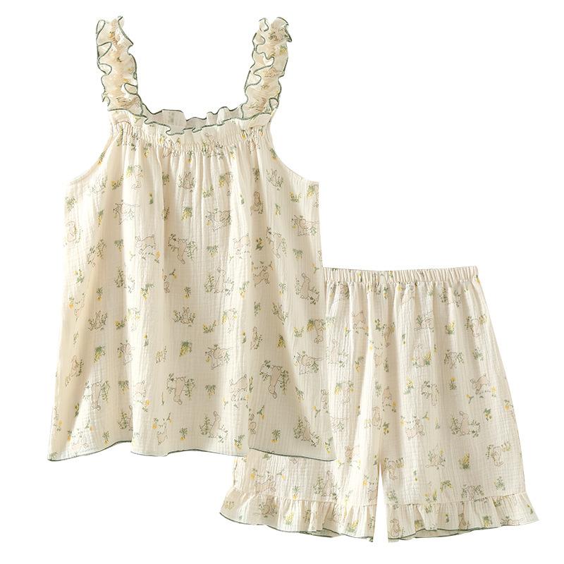 Summer sweet pajamas suspenders short-sleeved shorts summer women's thin loose and wearable loungewear suit