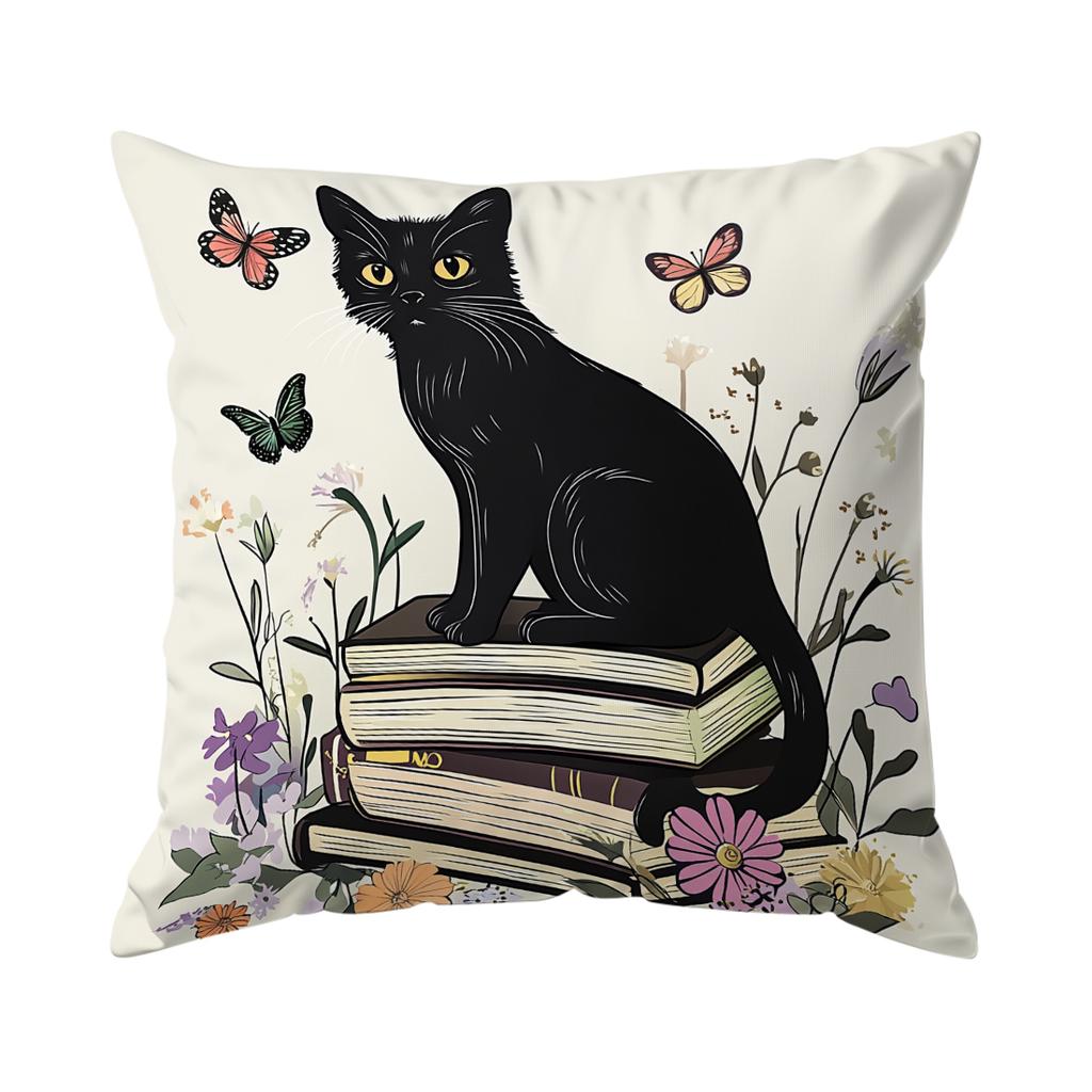 Black Cat Books Cushion Pillowcase Printed Polyester 45x45cm Throw Pillowcover Decorative Sofa Cushion Pillowslip Home Decor