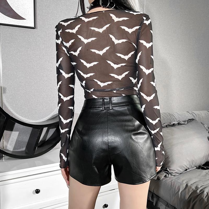 Gothic See Through Mesh Bat Long Sleeve T-Shirt Fairy Grunge Elegant Fungus Edge Basic Tee Elf Girl O-Neck Dress Up Top