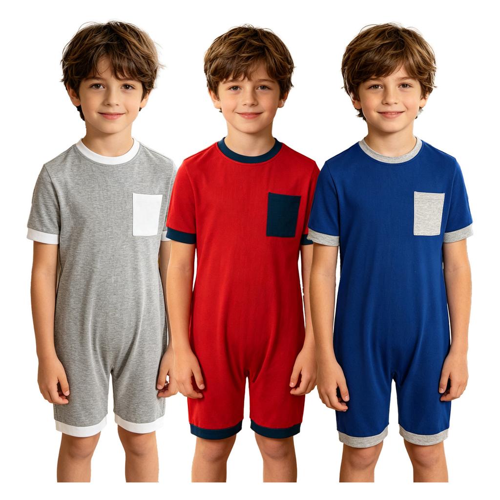3Pcs Adaptive Anti-Strip Jumpsuit for Kids Back Invisible Zipper Round Neck Short Sleeve Contrast Color Thigh Length with Pocket
