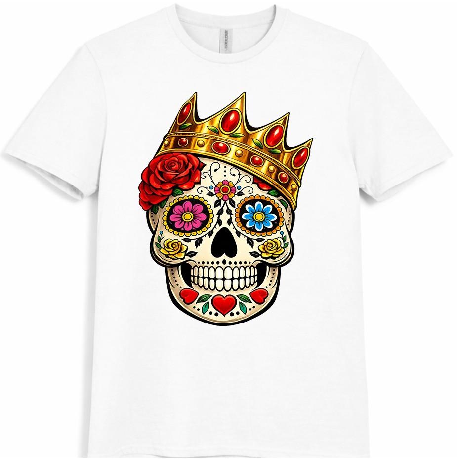 Sugar Skull Crown T-Shirt Day Of The Dead Gothic Floral Tattoo Graphic Tee