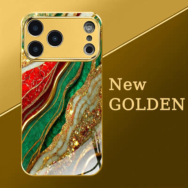 High End Gilded Pattern Gold Metallic Paint Glass Phone Case For iPhone 17 Pro Max 15 Plus 16 Pro 11 12 13 14 17 Air 16E Cover