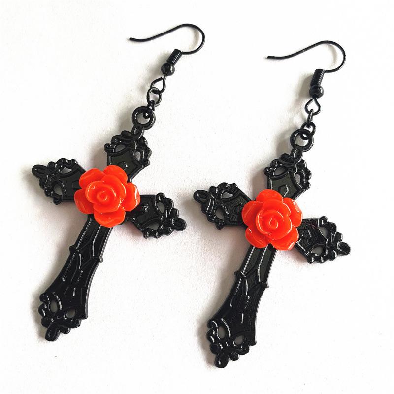 Best-Selling Gothic Cross Earrings with Red Rose In Traditional Style - Unique Large Pendant